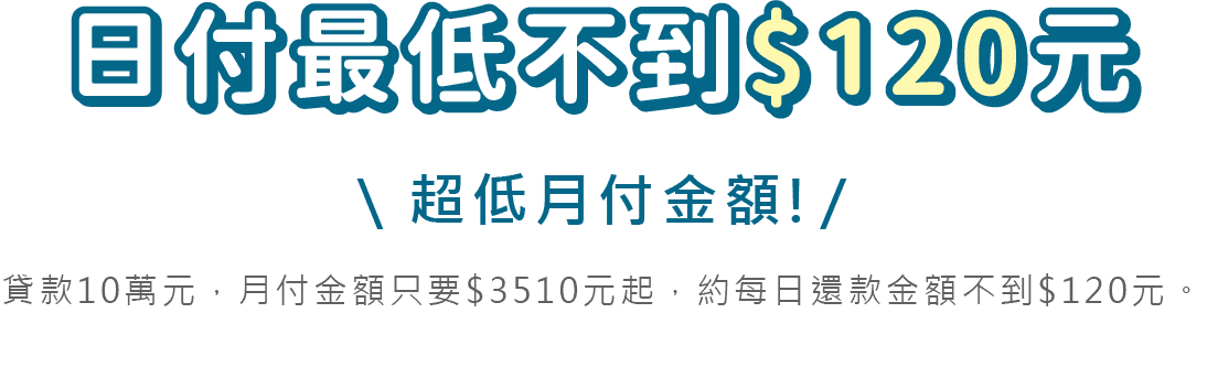 日付最低不到$120元\ 超低月付金額!/貸款10萬元，月付金額只要$3510元起，約每日還款金額不到$120元。