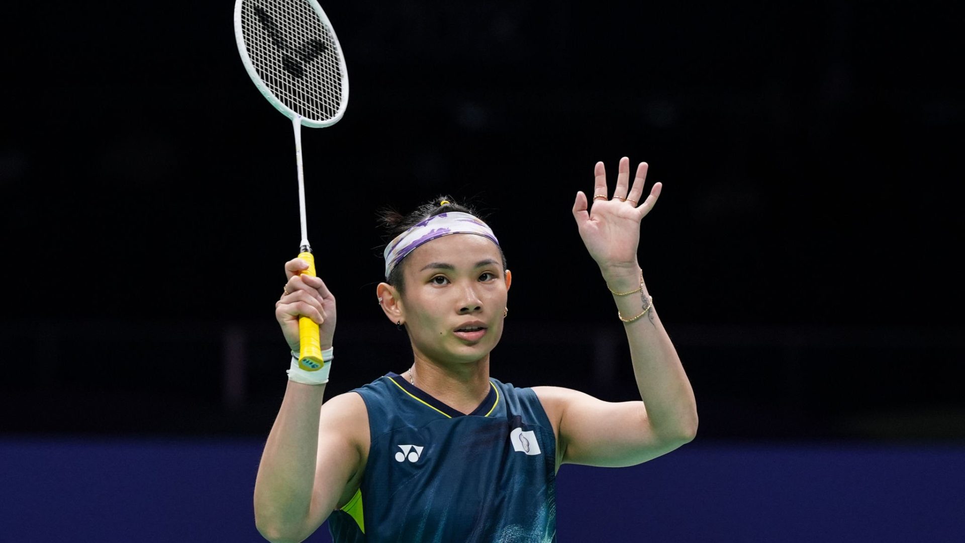 CHENGDU, CHINA - APRIL 28: Tai Tzu Ying of Chinese Taipei celebrates the victory in the Women's Singles Round Robin match against Goh Jin Wei of Malaysia during day two of the Thomas & Uber Cup Finals 2024 at Chengdu High-tech Sports Centre on April 28, 2024 in Chengdu, China.  (Photo by Shi Tang/Getty Images)